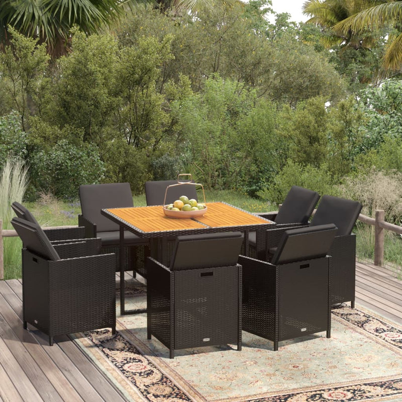 vidaXL 9 Piece Garden Dining Set with Cushions Poly Rattan Black