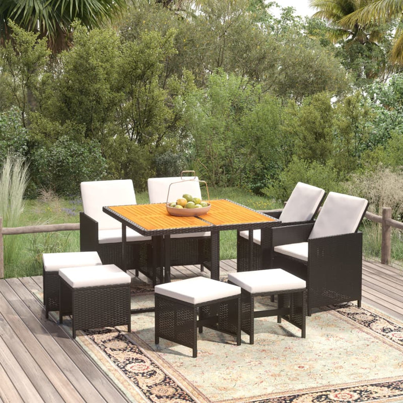 vidaXL 9 Piece Garden Dining Set with Cushions Poly Rattan Black