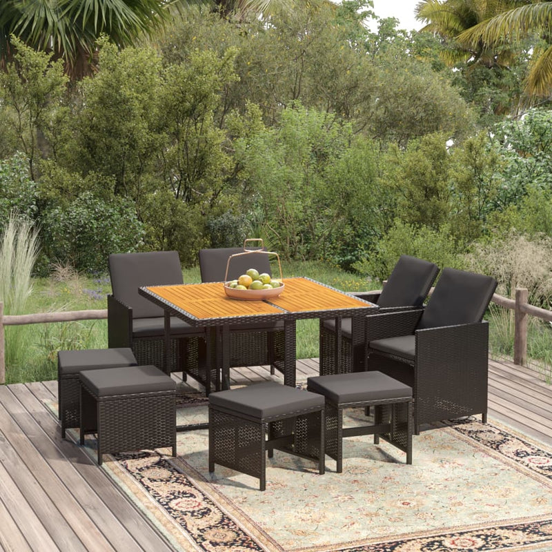 vidaXL 9 Piece Garden Dining Set with Cushions Poly Rattan Black