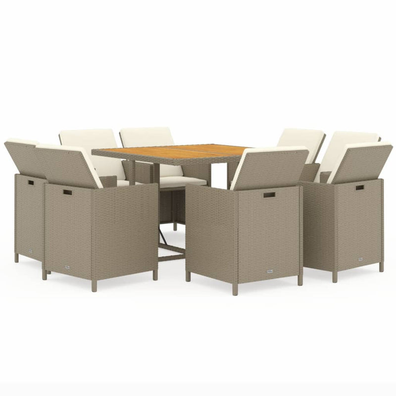 vidaXL 9 Piece Garden Dining Set with Cushions Poly Rattan Beige