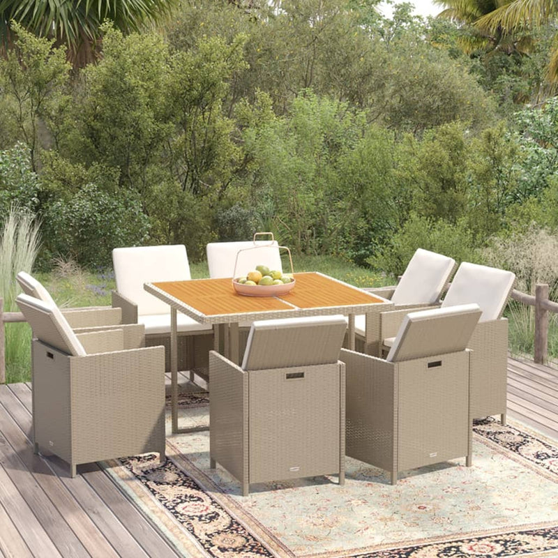 vidaXL 9 Piece Garden Dining Set with Cushions Poly Rattan Beige