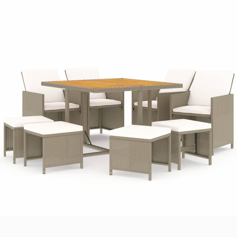 9 Piece Garden Dining Set with Cushions Poly Rattan Beige