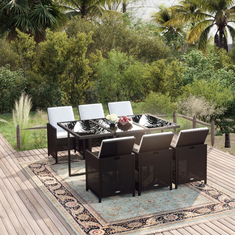 vidaXL 7 Piece Garden Dining Set with Cushions Poly Rattan Black