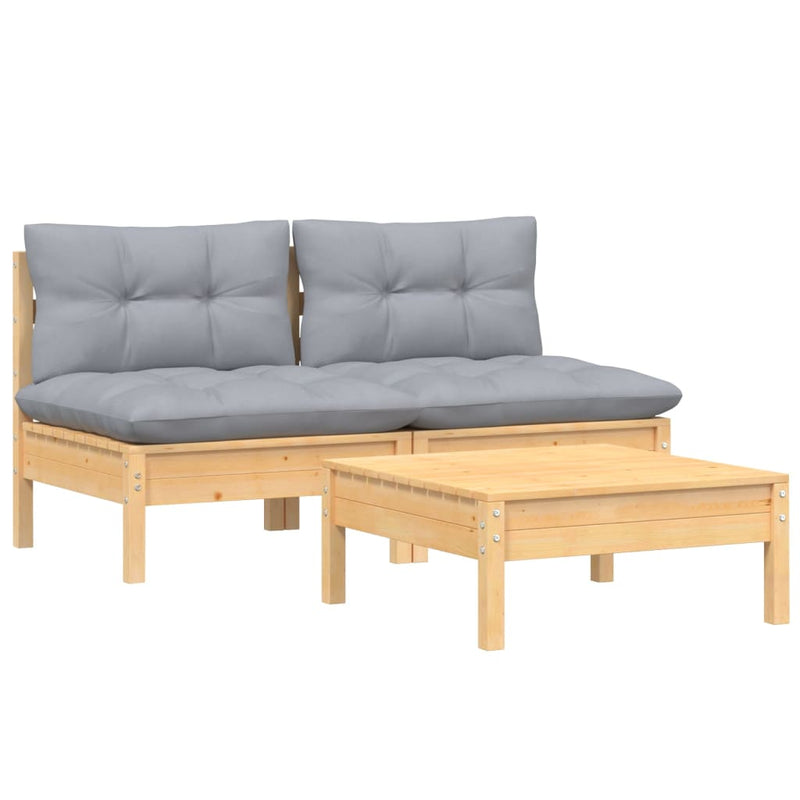 vidaXL 3 Piece Garden Lounge Set with Grey Cushions Pinewood