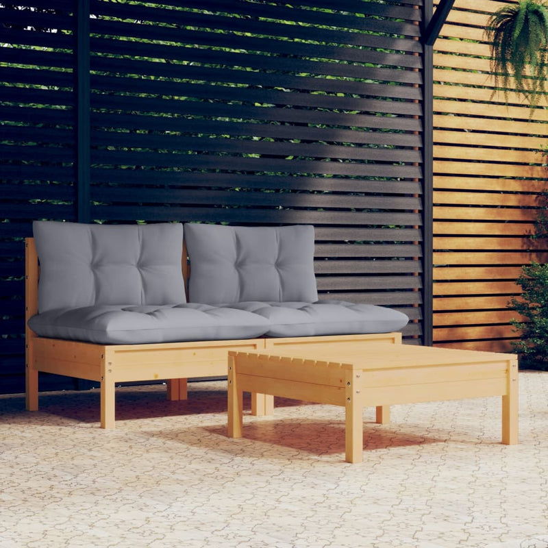 vidaXL 3 Piece Garden Lounge Set with Grey Cushions Pinewood