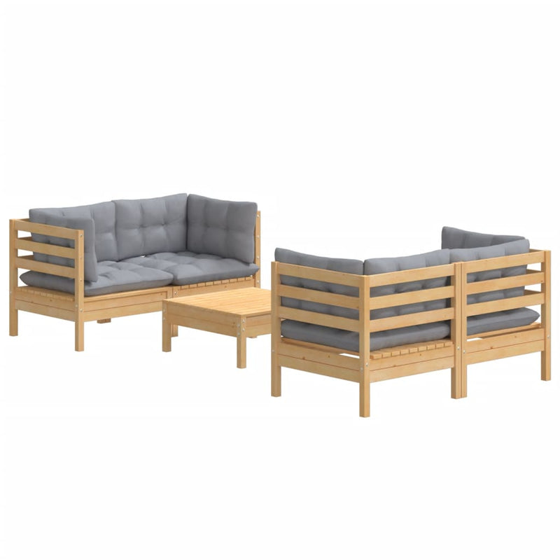 vidaXL 5 Piece Garden Lounge Set with Grey Cushions Pinewood