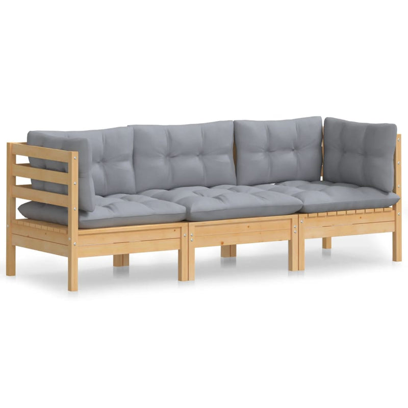 vidaXL 3-Seater Garden Sofa with Grey Cushions Solid Pinewood