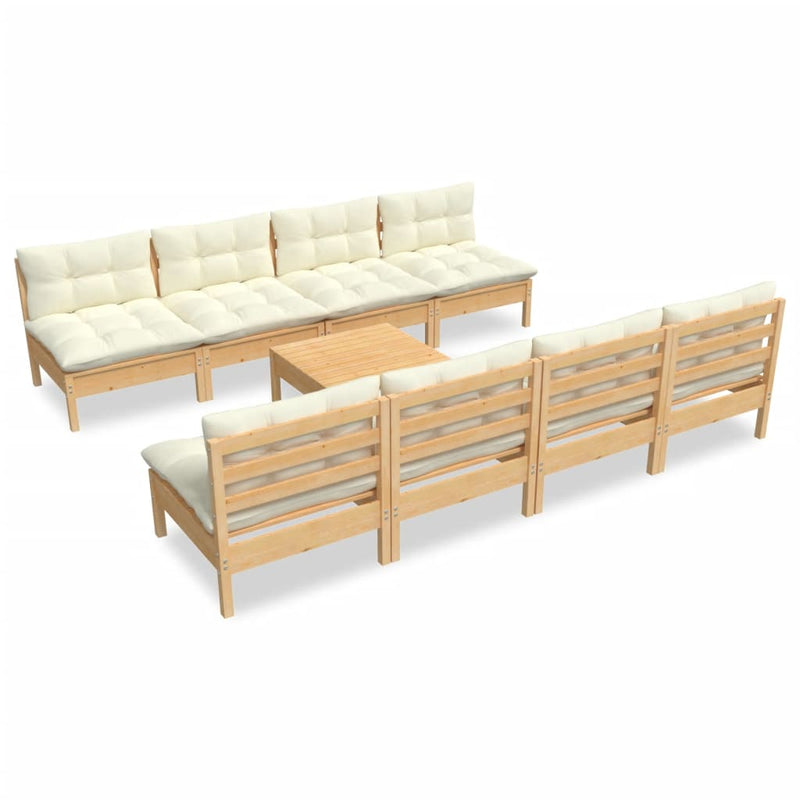 vidaXL 9 Piece Garden Lounge Set with Cream Cushions Solid Pinewood