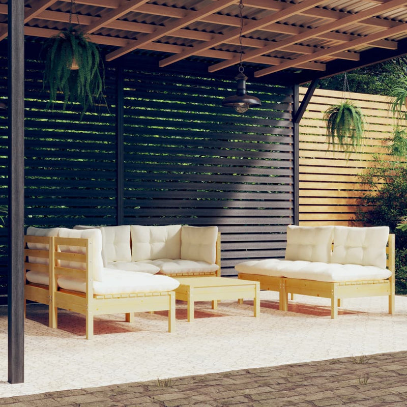 vidaXL 7 Piece Garden Lounge Set with Cream Cushions Solid Pinewood