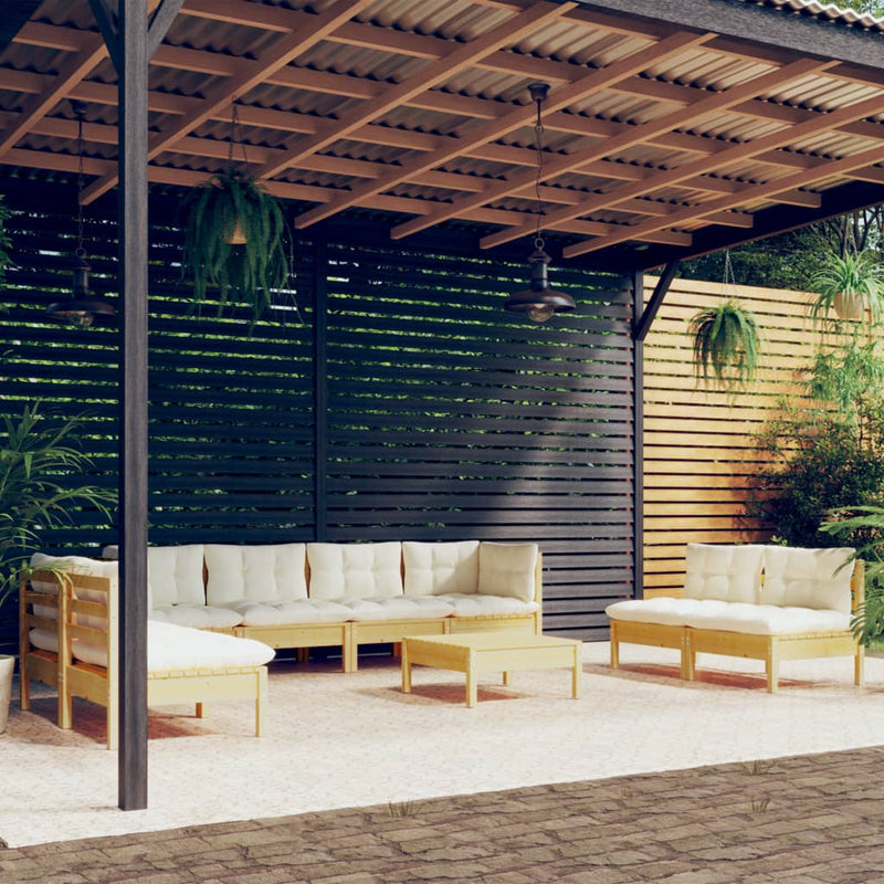 vidaXL 9 Piece Garden Lounge Set with Cream Cushions Solid Pinewood