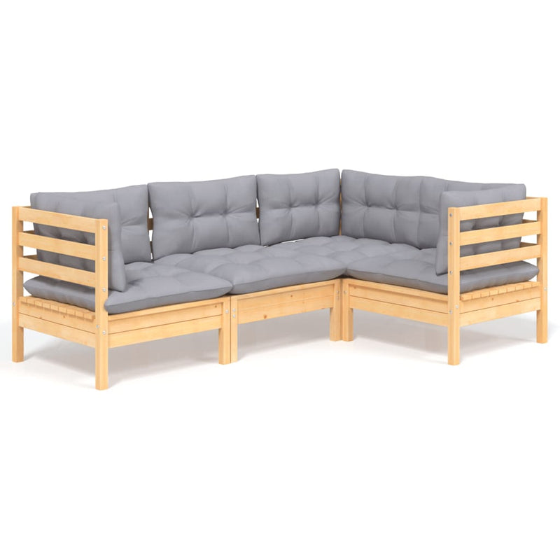 vidaXL 4 Piece Garden Lounge Set with Grey Cushions Pinewood