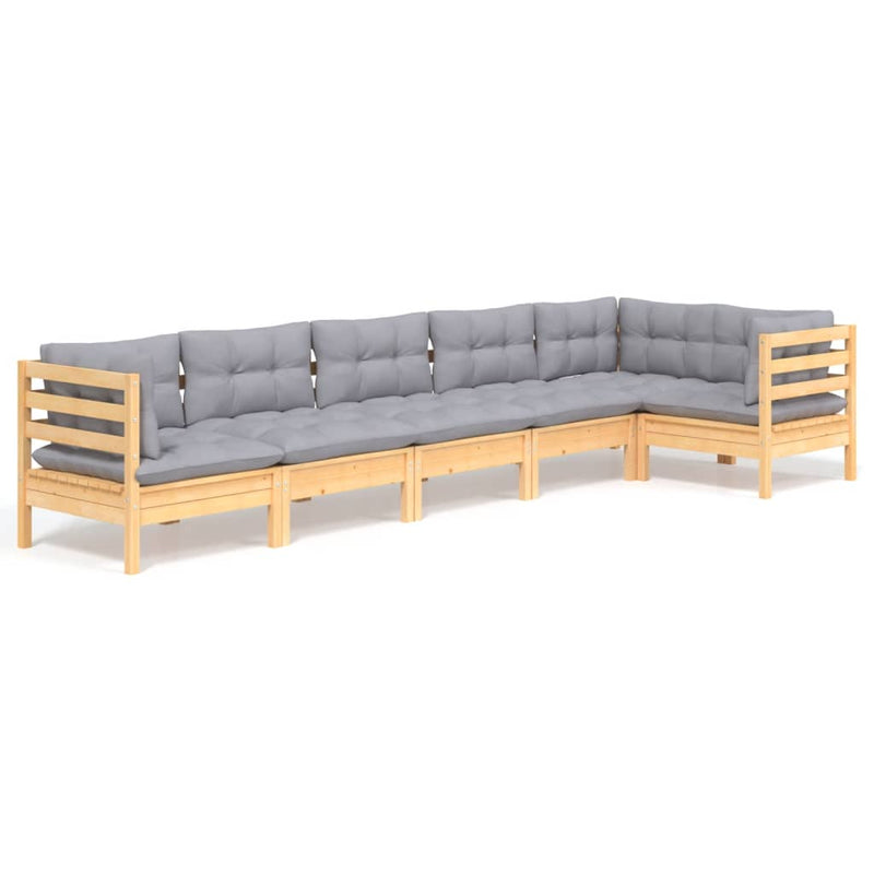 vidaXL 6 Piece Garden Lounge Set with Grey Cushions Pinewood