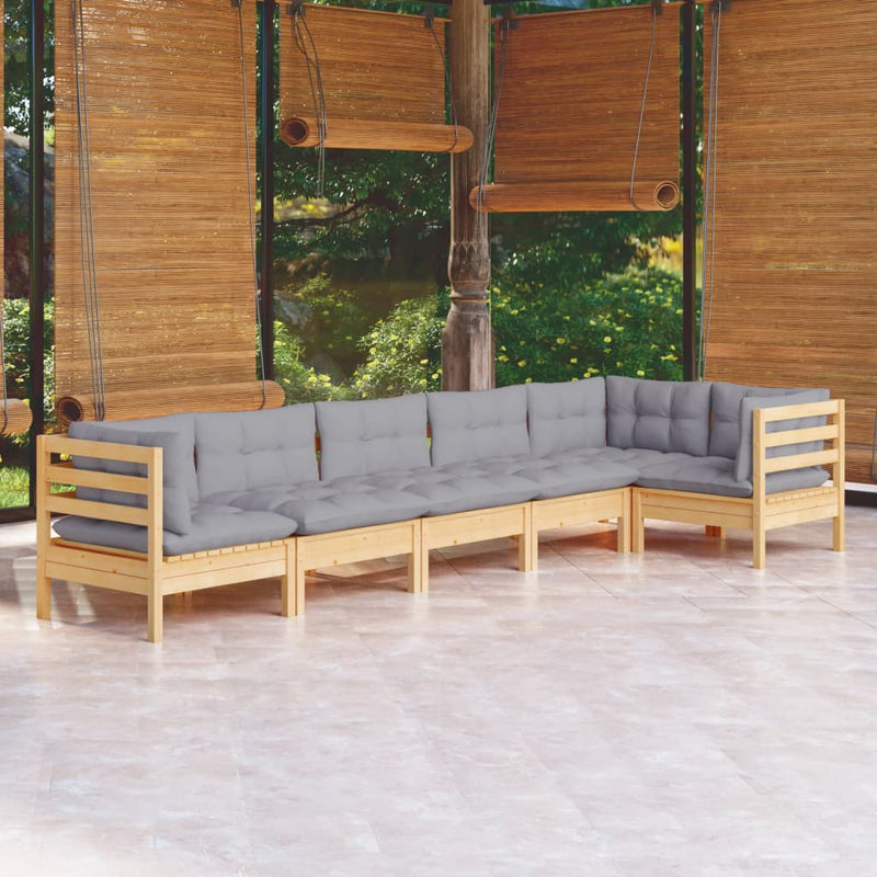 vidaXL 6 Piece Garden Lounge Set with Grey Cushions Pinewood