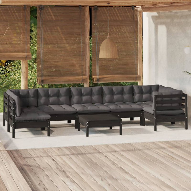 vidaXL 8 Piece Garden Lounge Set with Cushions Black Pinewood