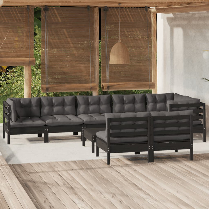 vidaXL 9 Piece Garden Lounge Set with Cushions Black Solid Pinewood