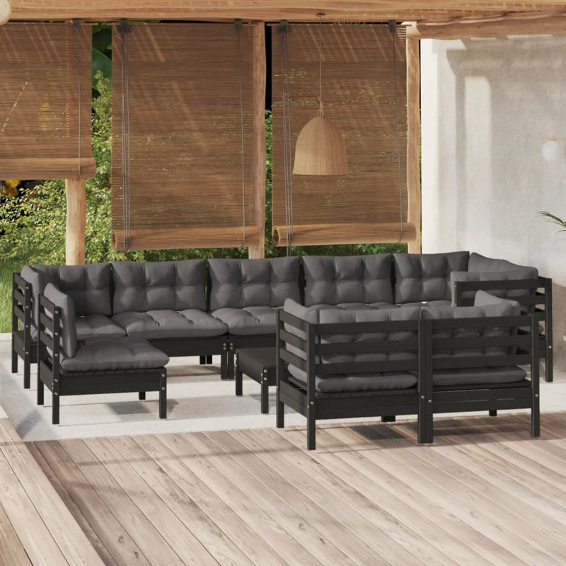 vidaXL 10 Piece Garden Lounge Set with Cushions Black Solid Pinewood