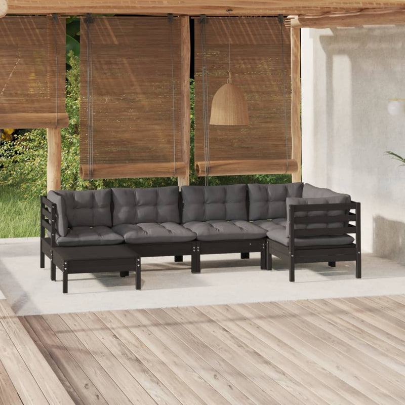 vidaXL 6 Piece Garden Lounge Set with Cushions Black Solid Pinewood