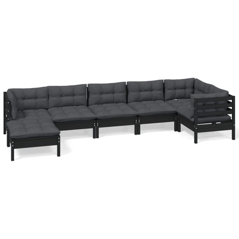 vidaXL 7 Piece Garden Lounge Set with Cushions Black Solid Pinewood