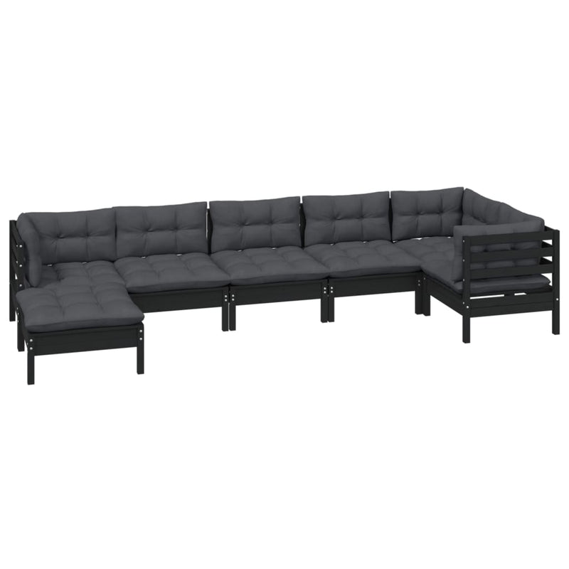 vidaXL 7 Piece Garden Lounge Set with Cushions Black Solid Pinewood