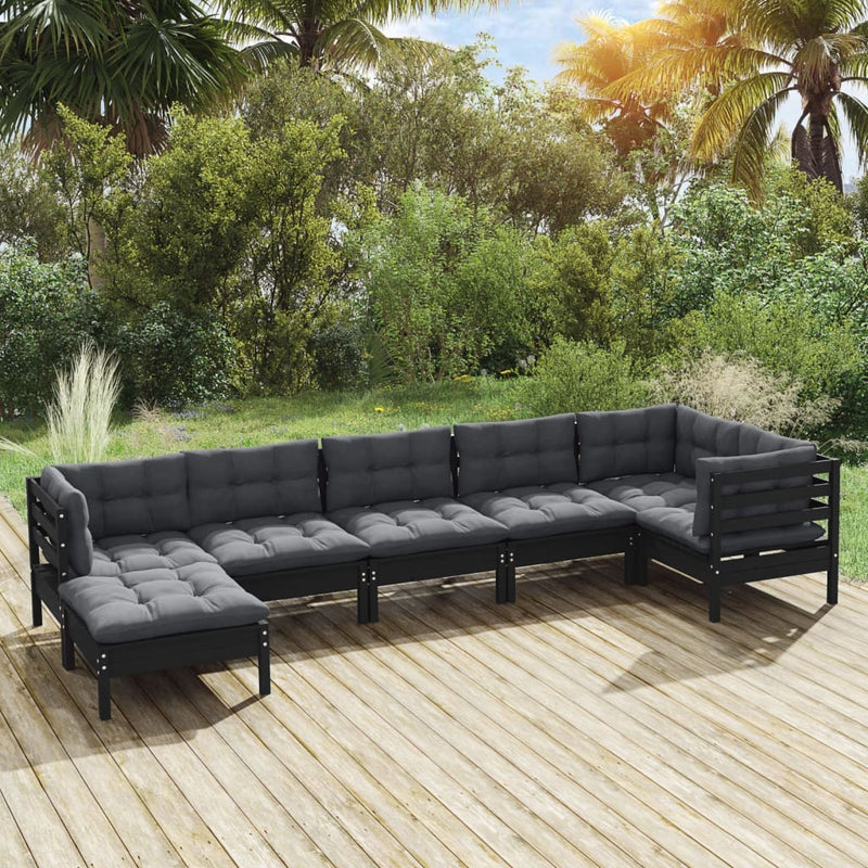 vidaXL 7 Piece Garden Lounge Set with Cushions Black Solid Pinewood
