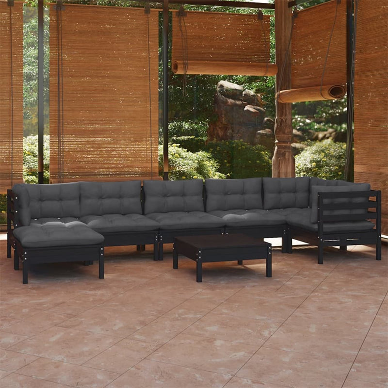 vidaXL 8 Piece Garden Lounge Set with Cushions Black Solid Pinewood