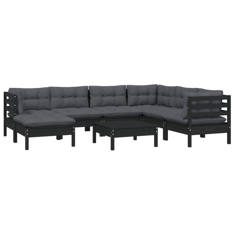 8 Piece Garden Lounge Set with Cushions Black Solid Pinewood