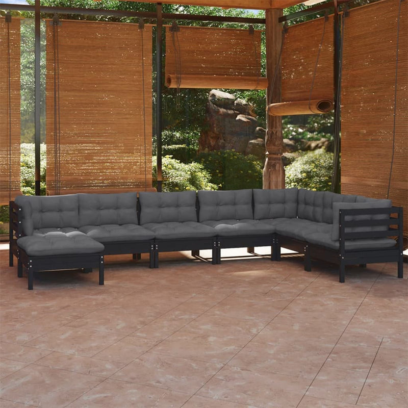 vidaXL 8 Piece Garden Lounge Set with Cushions Black Solid Pinewood