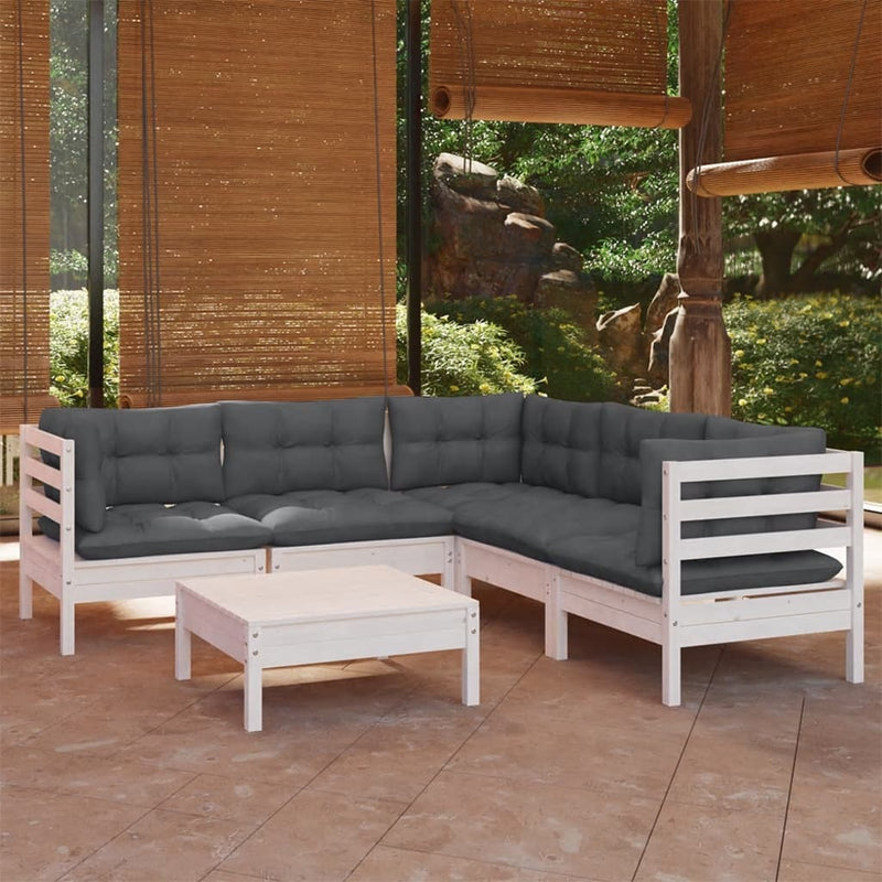 vidaXL 6 Piece Garden Lounge Set with Cushions White Solid Pinewood