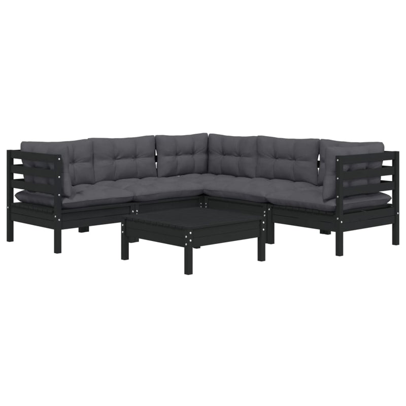 vidaXL 6 Piece Garden Lounge Set with Cushions Black Solid Pinewood