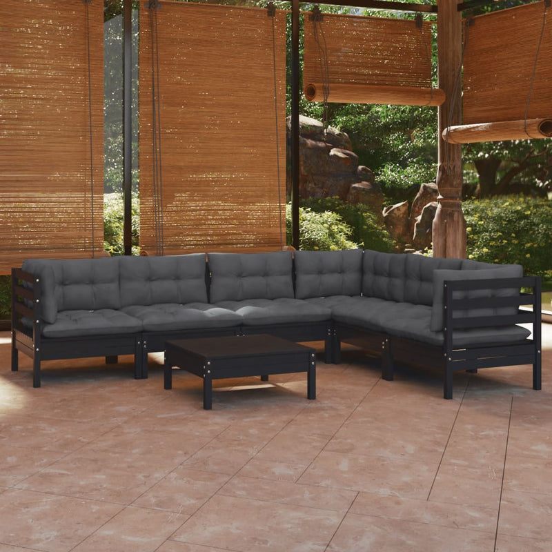 vidaXL 7 Piece Garden Lounge Set with Cushions Black Solid Pinewood