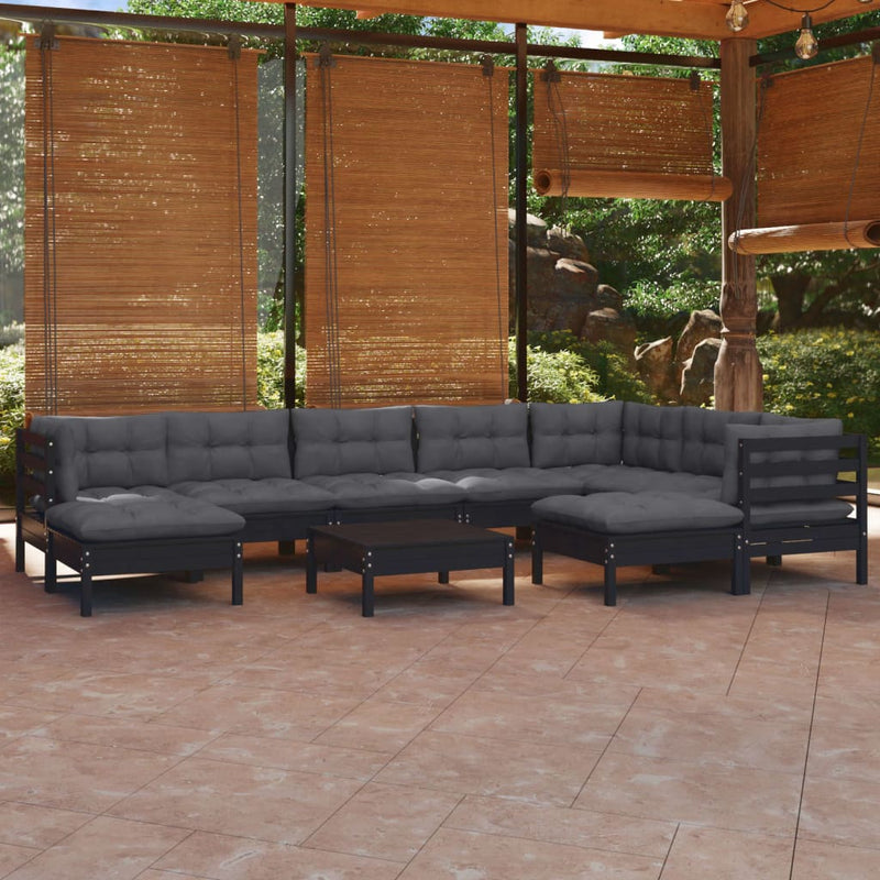 vidaXL 10 Piece Garden Lounge Set with Cushions Black Solid Pinewood