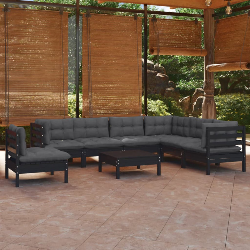 vidaXL 8 Piece Garden Lounge Set with Cushions Black Solid Pinewood