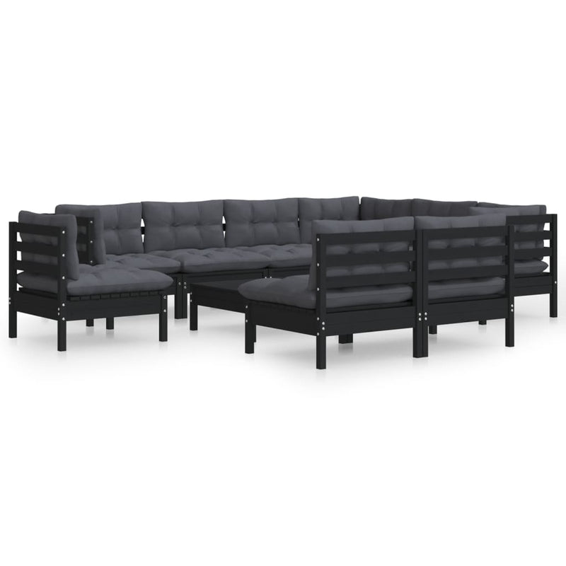 vidaXL 10 Piece Garden Lounge Set with Cushions Black Solid Pinewood