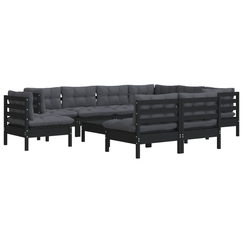 vidaXL 10 Piece Garden Lounge Set with Cushions Black Solid Pinewood
