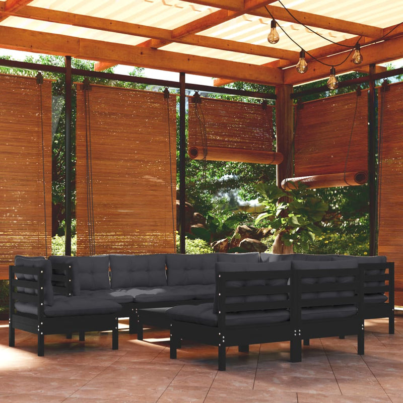 vidaXL 10 Piece Garden Lounge Set with Cushions Black Solid Pinewood