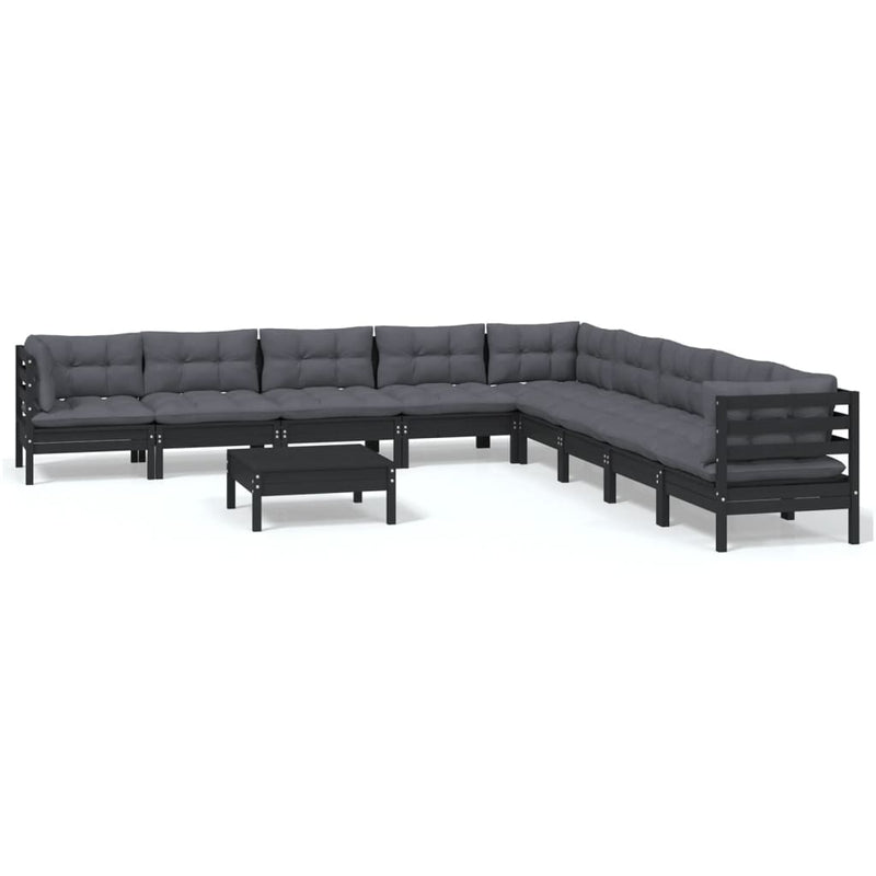 vidaXL 10 Piece Garden Lounge Set with Cushions Black Solid Pinewood
