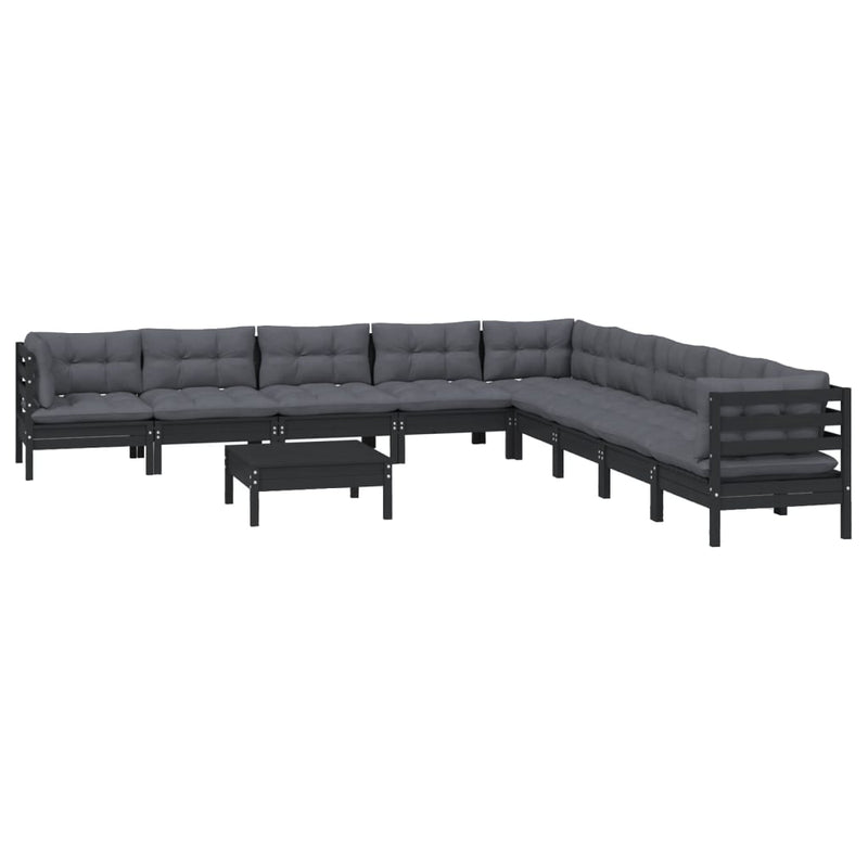 vidaXL 10 Piece Garden Lounge Set with Cushions Black Solid Pinewood