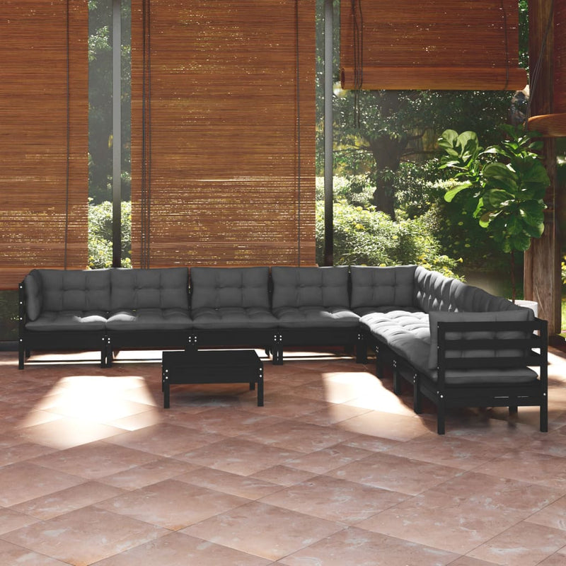 vidaXL 10 Piece Garden Lounge Set with Cushions Black Solid Pinewood