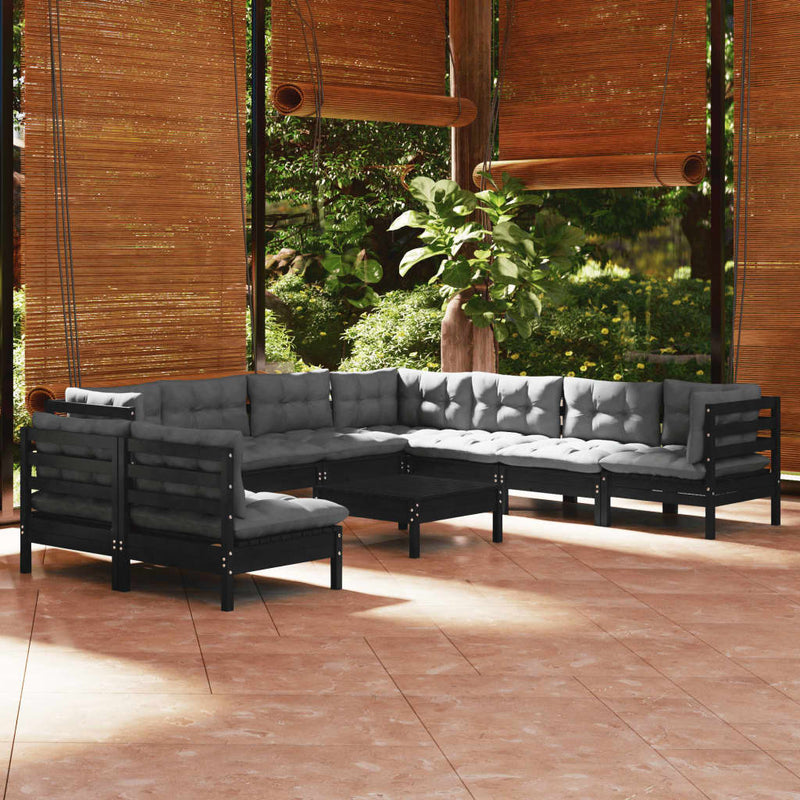 vidaXL 10 Piece Garden Lounge Set with Cushions Black Solid Pinewood