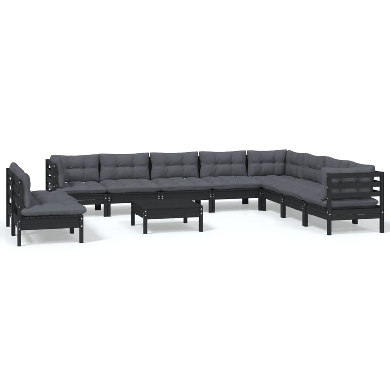 vidaXL 11 Piece Garden Lounge Set with Cushions Black Solid Pinewood