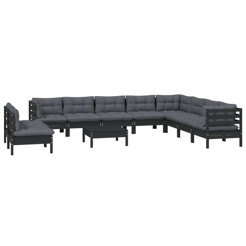 vidaXL 11 Piece Garden Lounge Set with Cushions Black Solid Pinewood