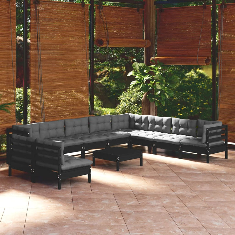 vidaXL 11 Piece Garden Lounge Set with Cushions Black Solid Pinewood