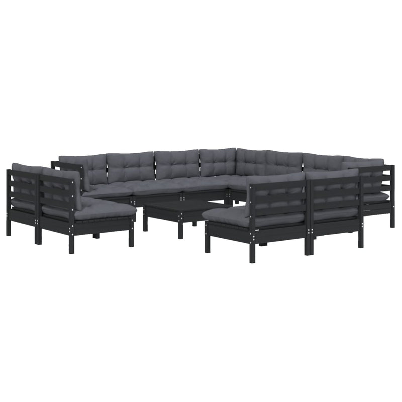 vidaXL 12 Piece Garden Lounge Set with Cushions Black Solid Pinewood