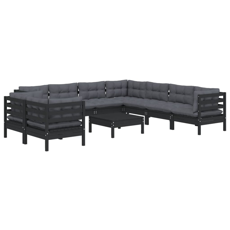 vidaXL 10 Piece Garden Lounge Set with Cushions Black Solid Pinewood