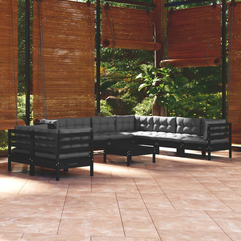 vidaXL 10 Piece Garden Lounge Set with Cushions Black Solid Pinewood