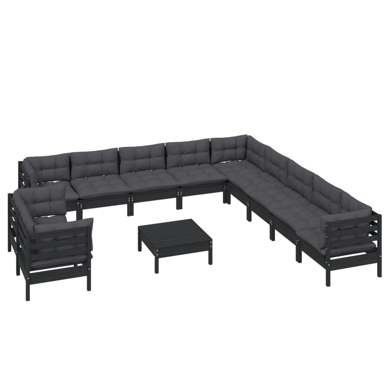 vidaXL 12 Piece Garden Lounge Set with Cushions Black Solid Pinewood