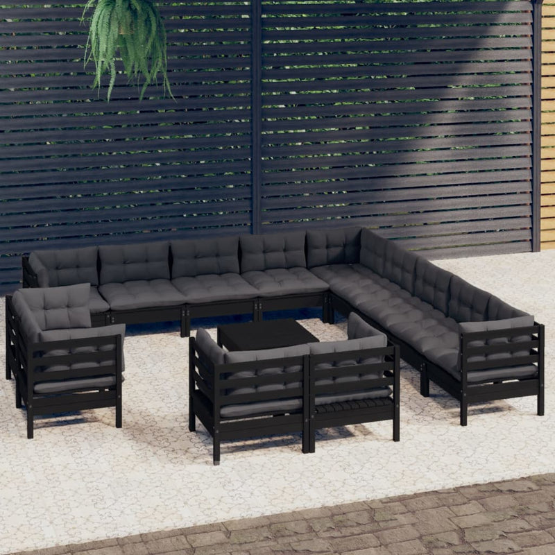 vidaXL 14 Piece Garden Lounge Set with Cushions Black Solid Pinewood