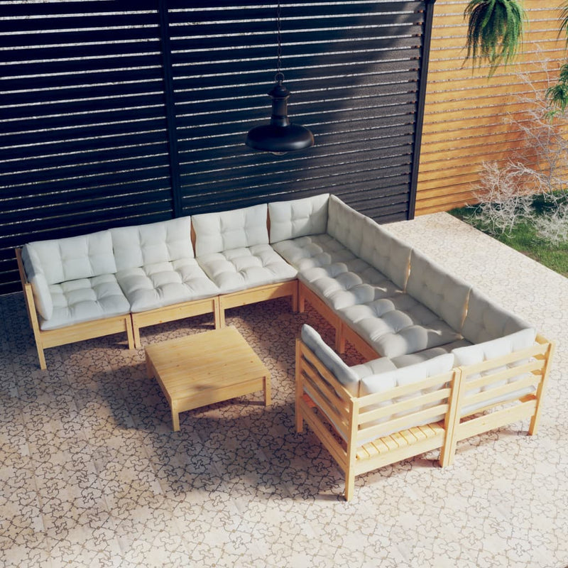vidaXL 9 Piece Garden Lounge Set with Cream Cushions Pinewood