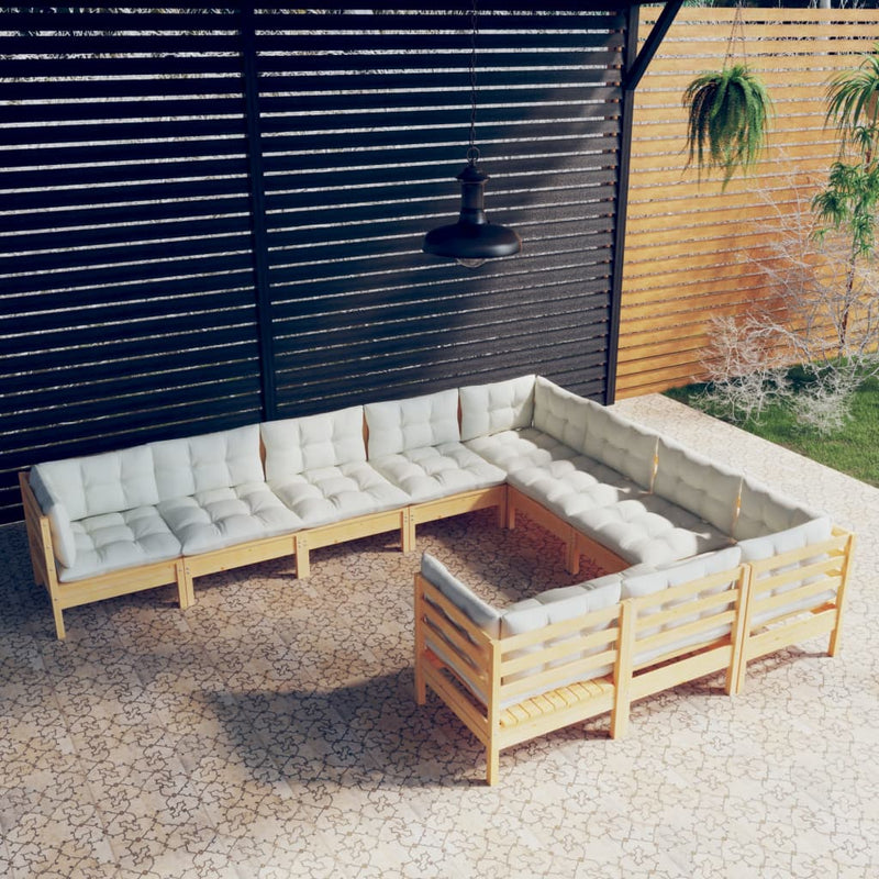 vidaXL 10 Piece Garden Lounge Set with Cream Cushions Pinewood