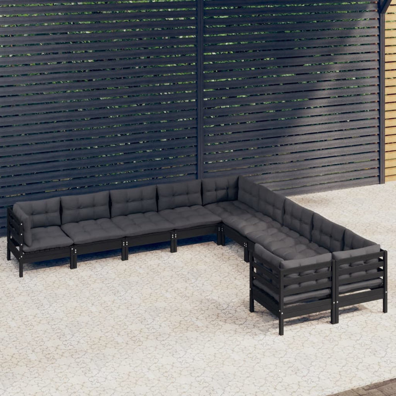 vidaXL 10 Piece Garden Lounge Set with Cushions Black Pinewood